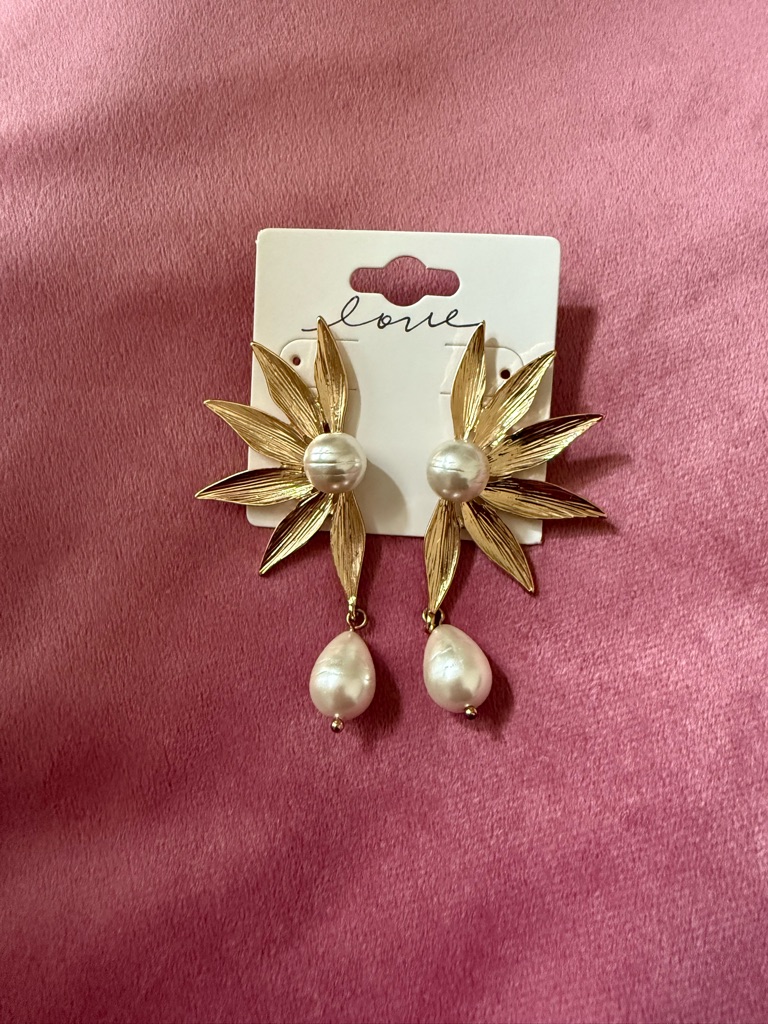 Love Gold Floral Sunburst Earrings With White Pearl Drops
